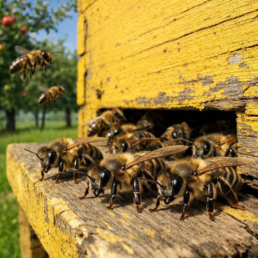 AI pszczoły przed ulem gotowe do bronienia rodziny