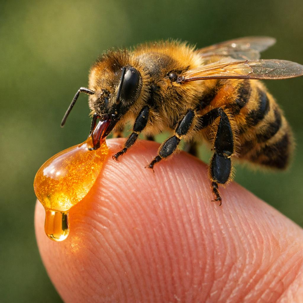 pszczoła na palcu spija syrop